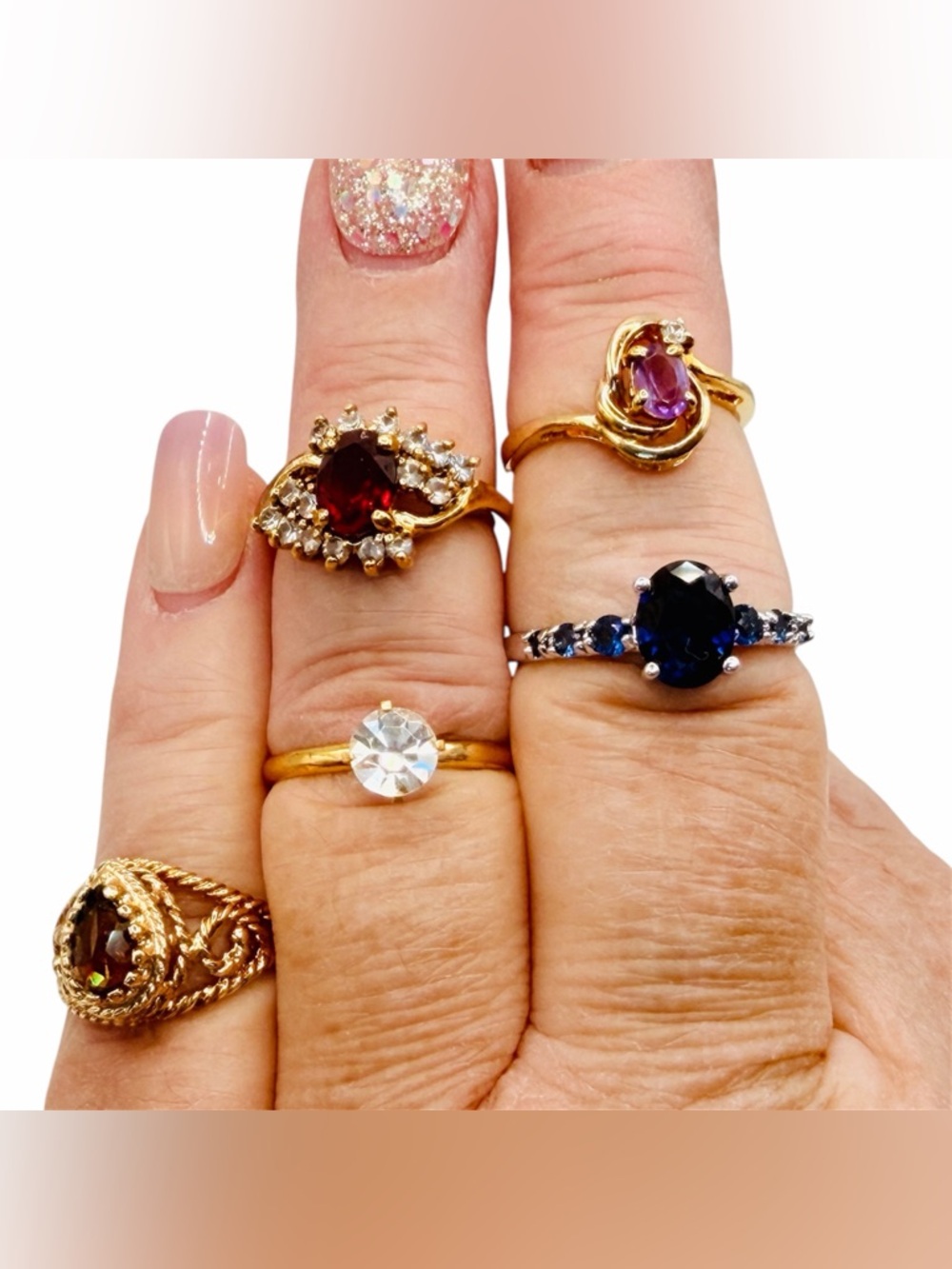 Gold & Silver -Tone Faux-Gemstone Cocktail Rings Lot of 5 80’s Feminine Bling